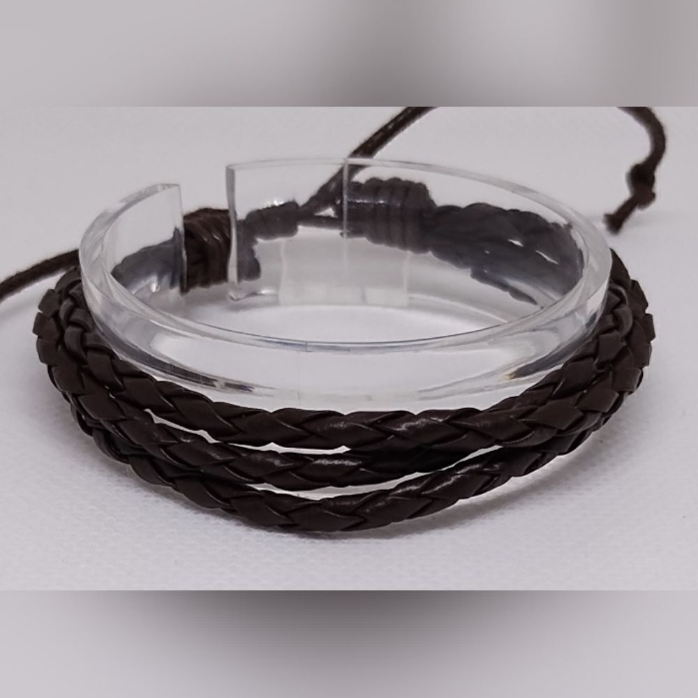Men's leather bracelet layered braided‎ brown new e35